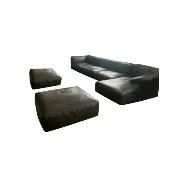 Set divano e 2 pouf vintage in pelle marrone 