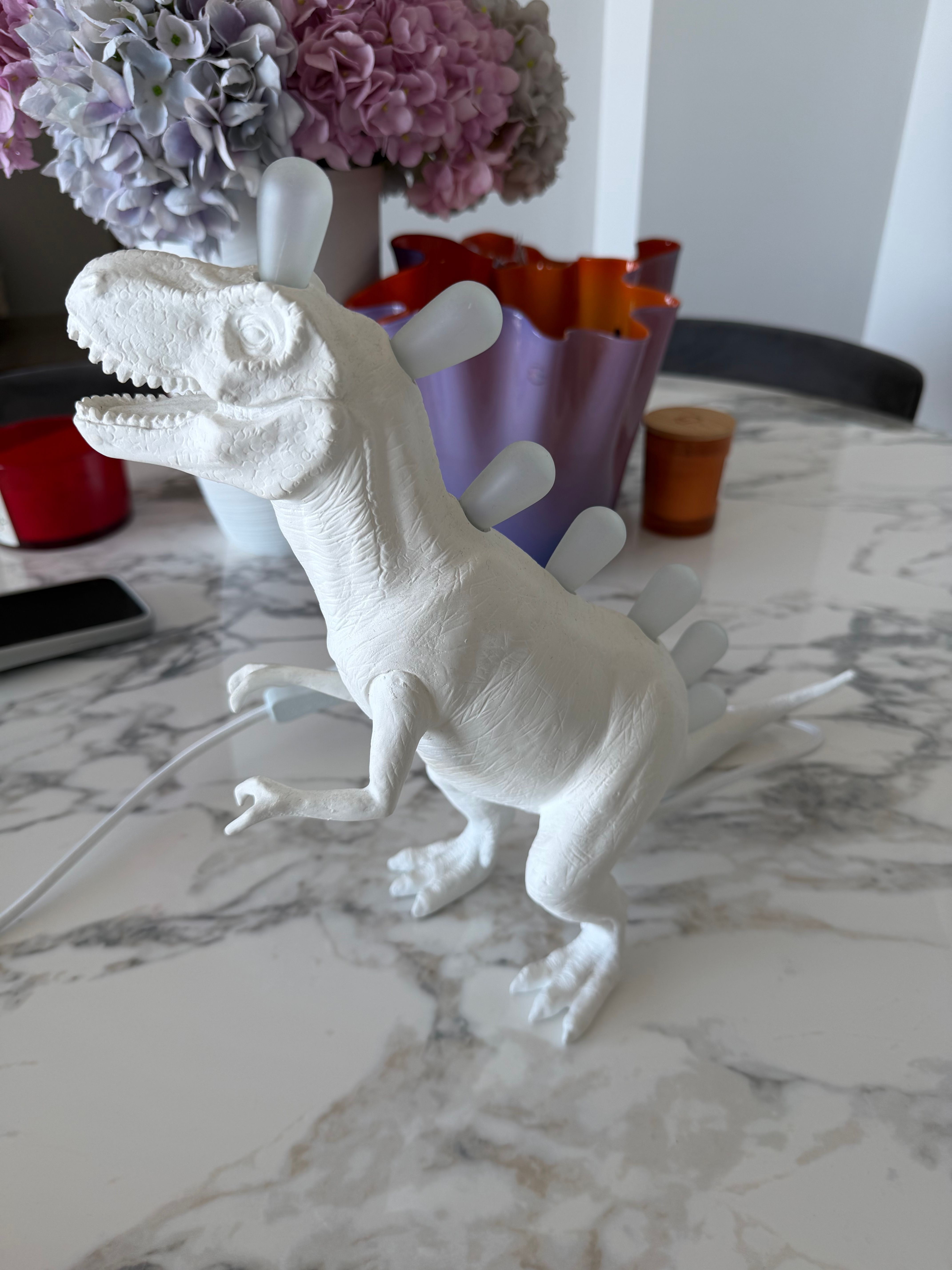 White Resin T-Rex Dinosaur Table Lamp Side