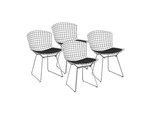 Set 4 Bertoia chairs with black leather cushions, Alivar image