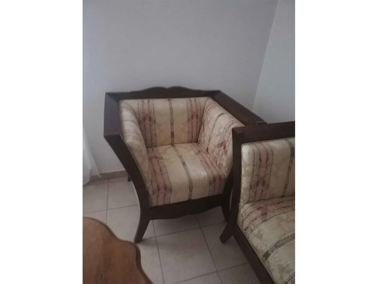 Sofa set and 2 vintage armchairs in walnut and fabric, 2