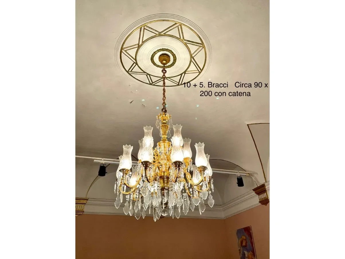 Lampadario a 15 luci in bronzo dorato, F.B.A.I. 5
