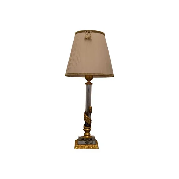 lampada da tavolo in cristallo e ottone invecchiato lume con paralume in seta plissé