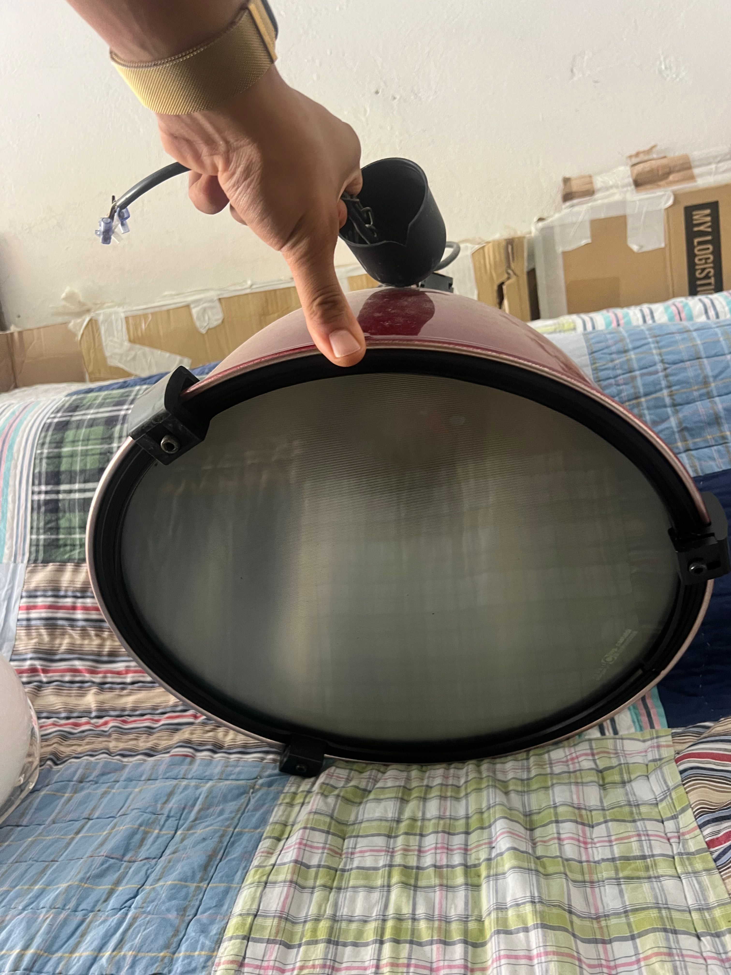 Pair of Red Painted Aluminum Sosia Pendant Lights Details