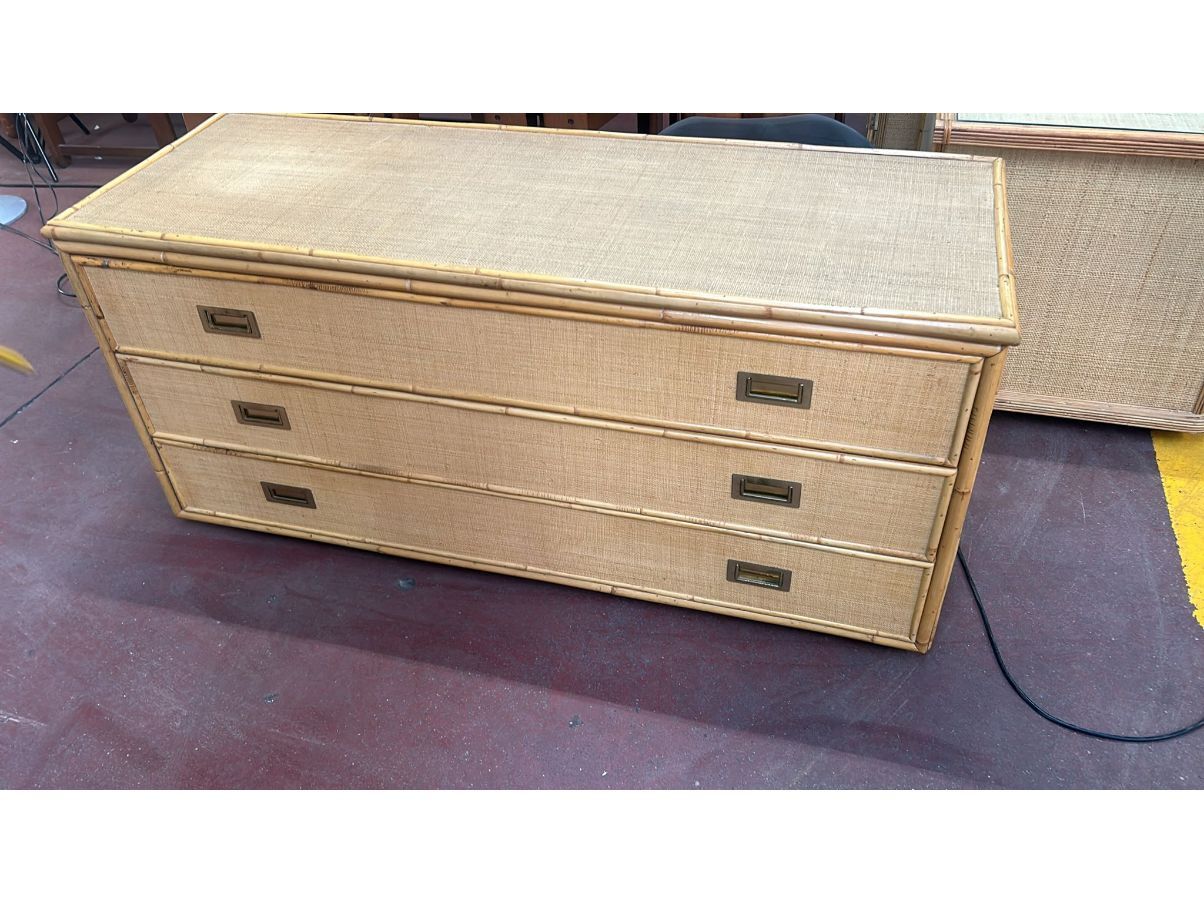 Wooden rattan and wicker chest of drawers (70s) Front