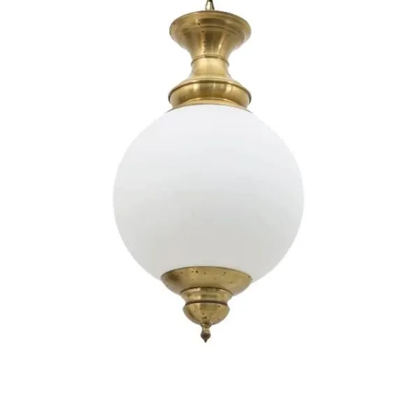 Image of Lampada a sospensione vintage in ottone e vetro bianco,