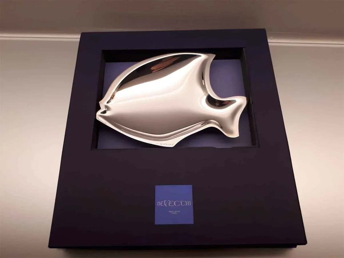 Elegante centrotavola a forma di pesce in argento, De Vecchi 
