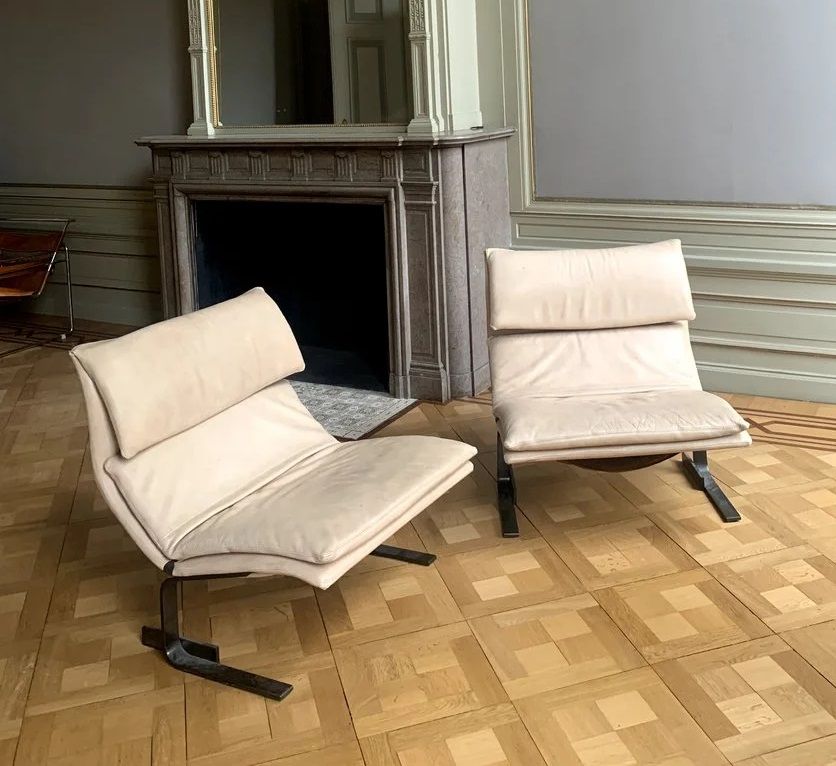 Set of 2 Onda L80 armchairs in white-cream leather by Giovanni Offredi, Saporiti Italia image