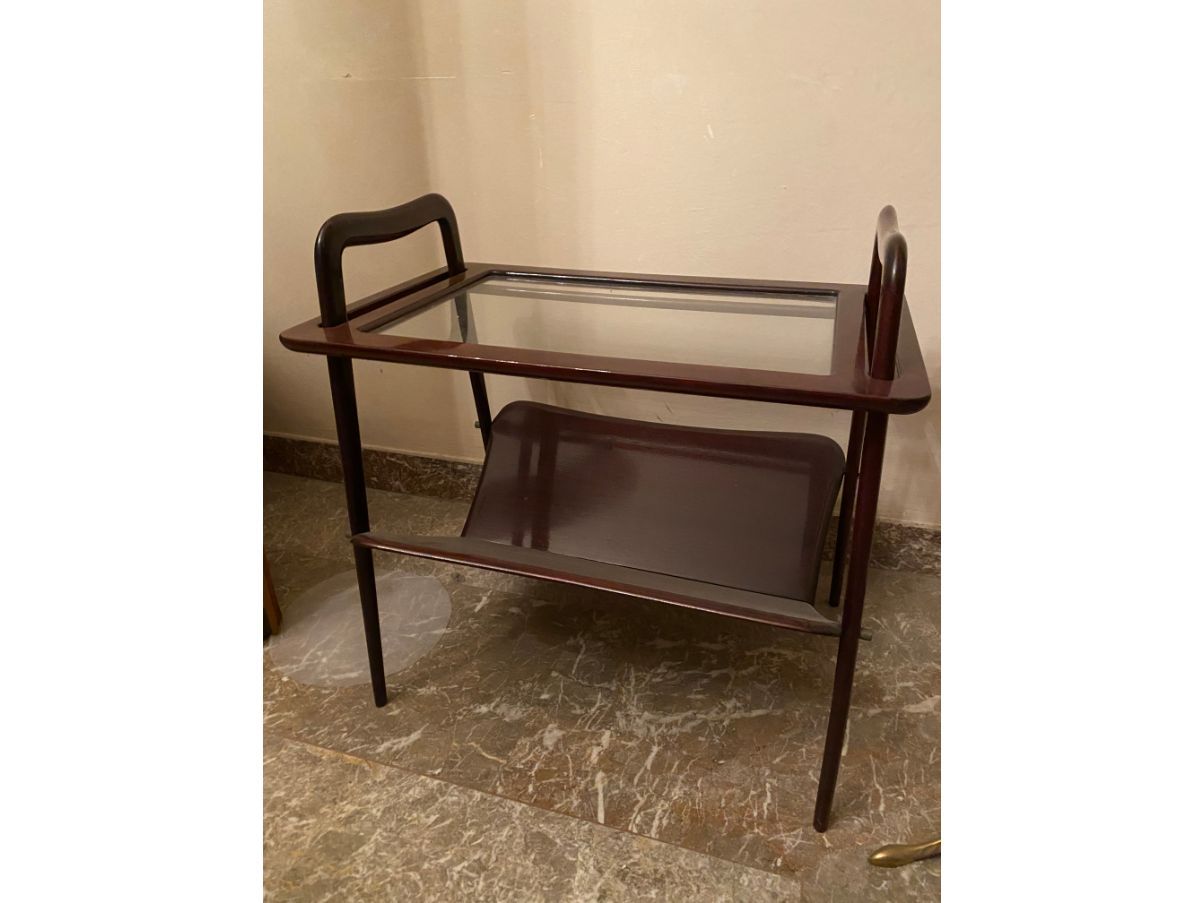 Tavolino portariviste vintage in legno e cristallo (anni '50),  Front