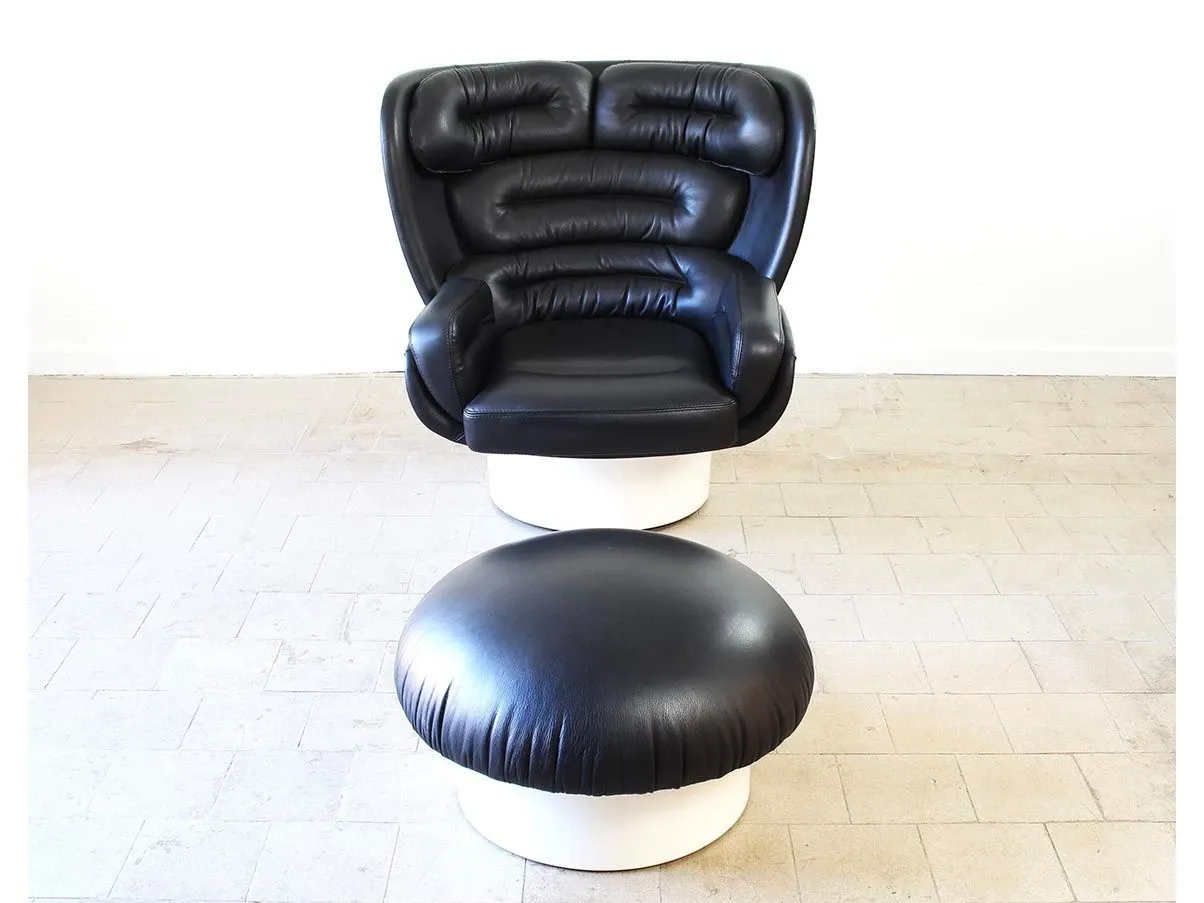 Vintage Elda Sessel mit Hocker aus schwarzem Leder 8