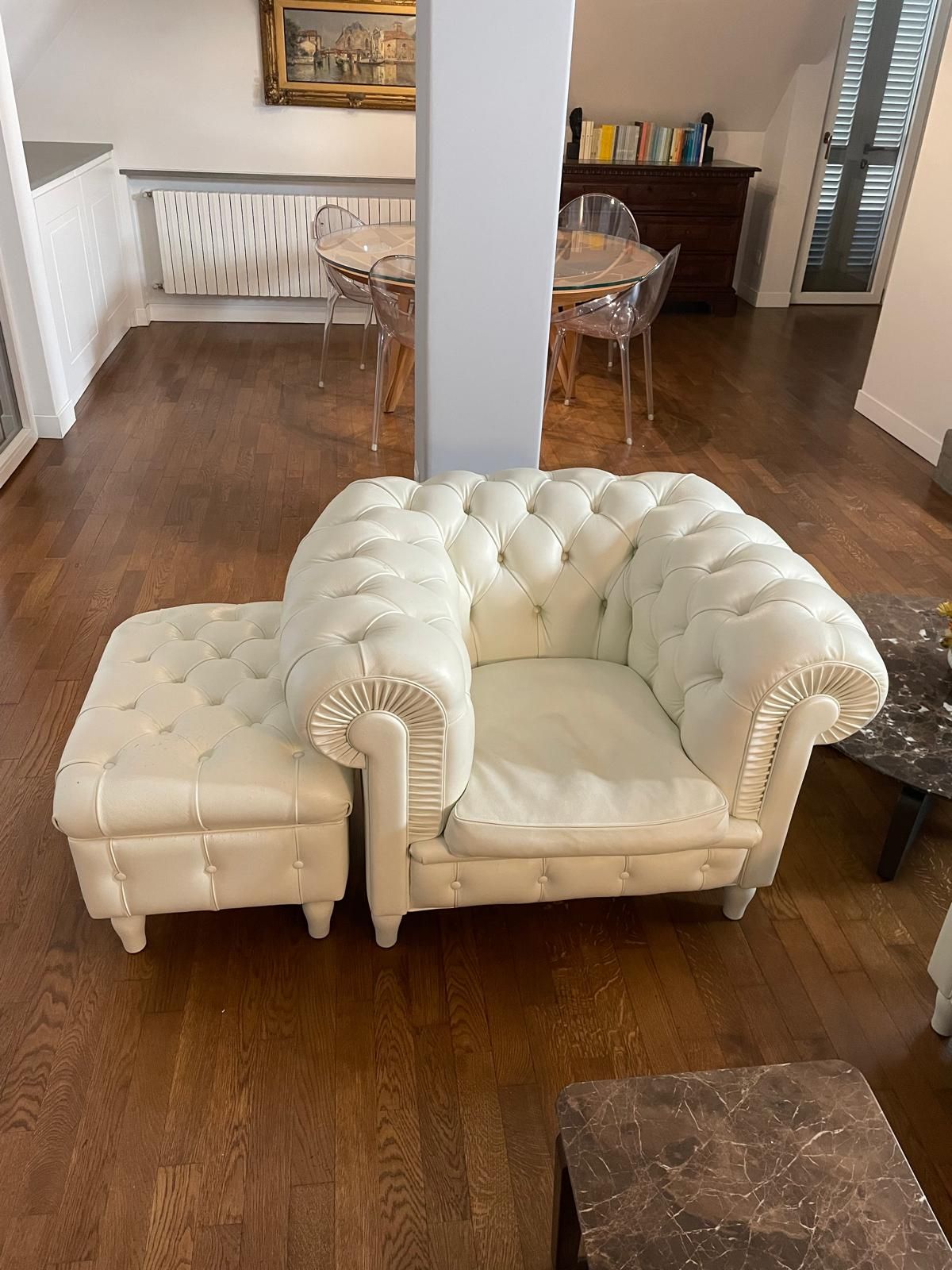 White Leather Chesterfield Sofa Set – 3-Seater Sofa Armchair and Ottoman Front