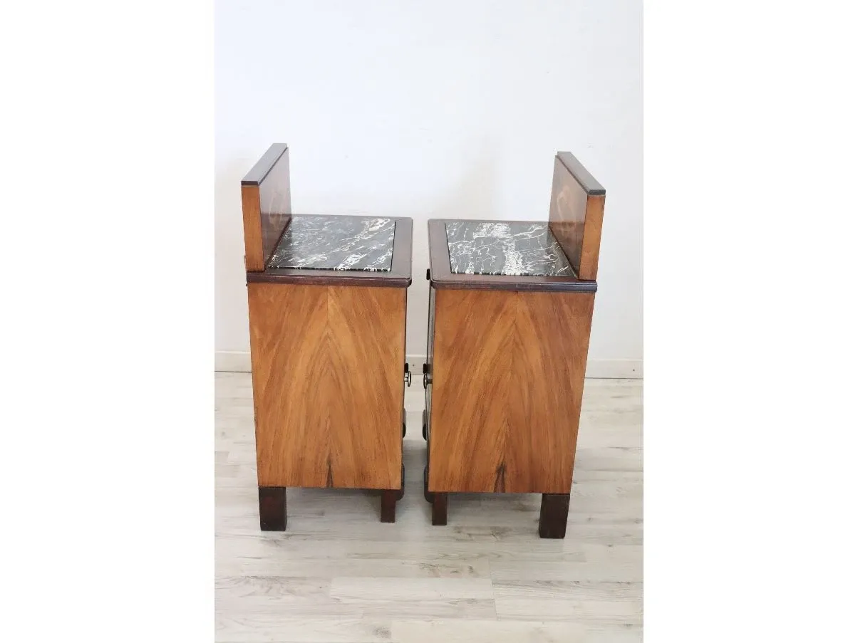 Set 2 comodini vintage in noce e marmo (anni '40) 7