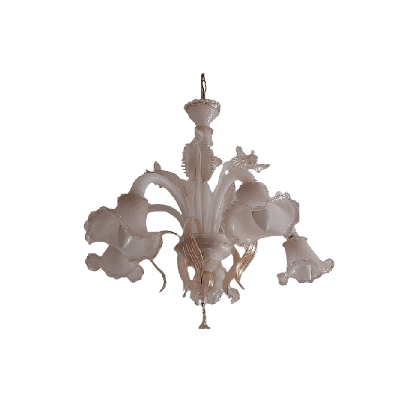 Venetian chandelier 5 lights in white Murano glass with pure gold inserts, image