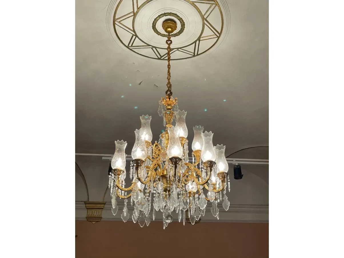 Lampadario a 15 luci in bronzo dorato, F.B.A.I. 1
