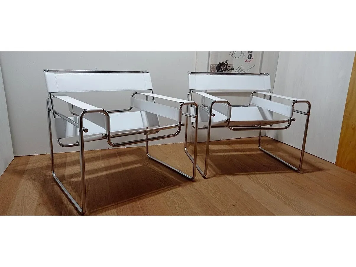 Set 2 Poltrone vintage Wassily in cuoio bianco (anni'80), MDF Italia 5