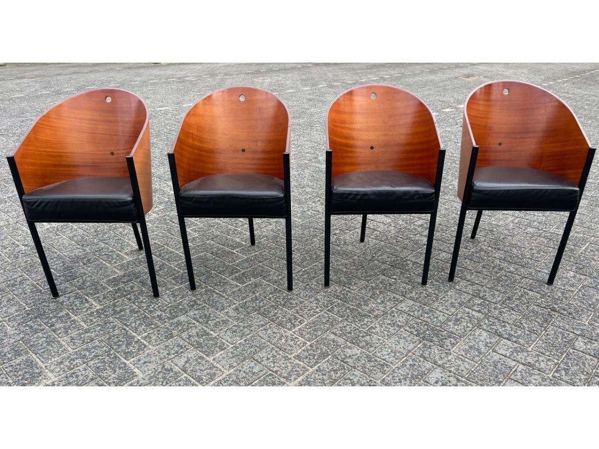 Set 4 sedie Costes in pelle nera e legno vintage (anni'80), Driade Aleph