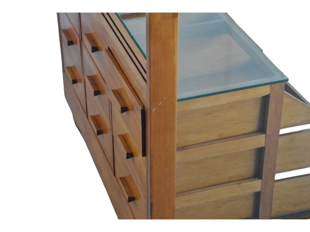 Cassettiera vintage in legno con vetrina (anni '50), 1