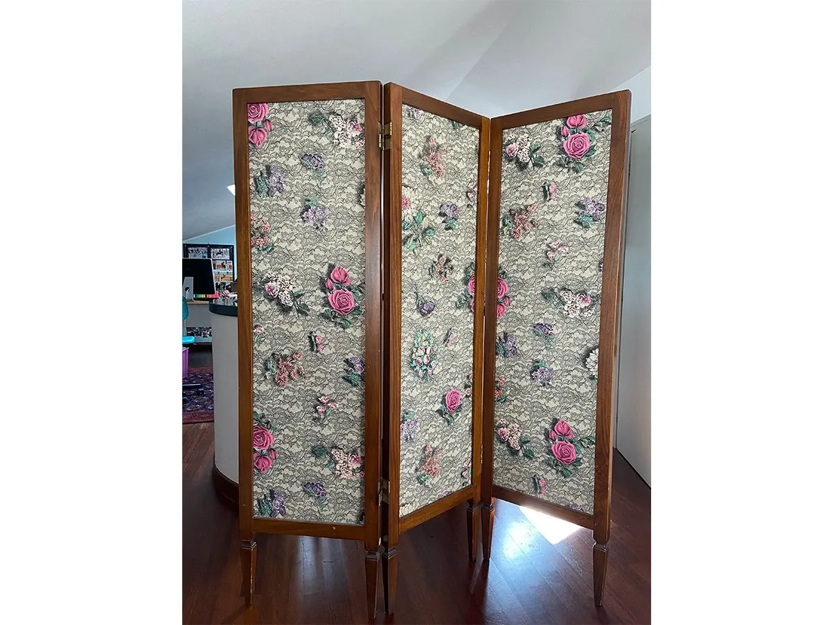 Paravento doubleface a 3 pannelli in legno e seta, Fornasetti 