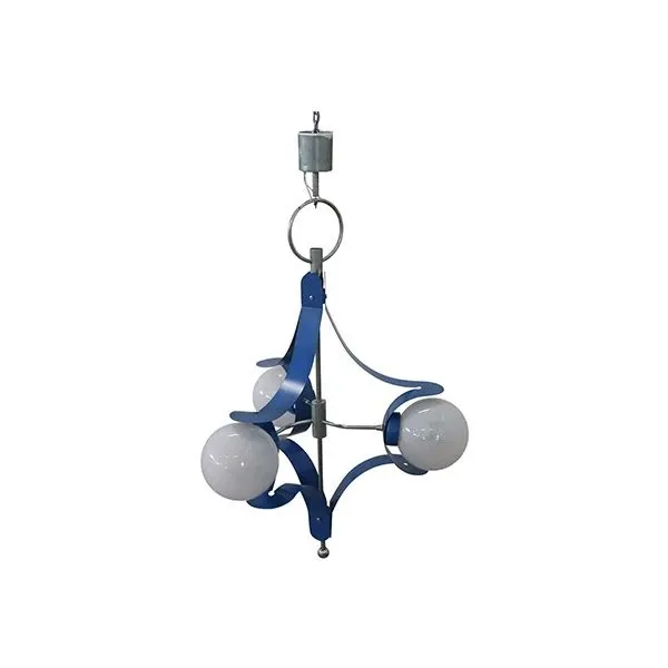 Vintage glass and blue lacquered metal chandelier, 1950s image