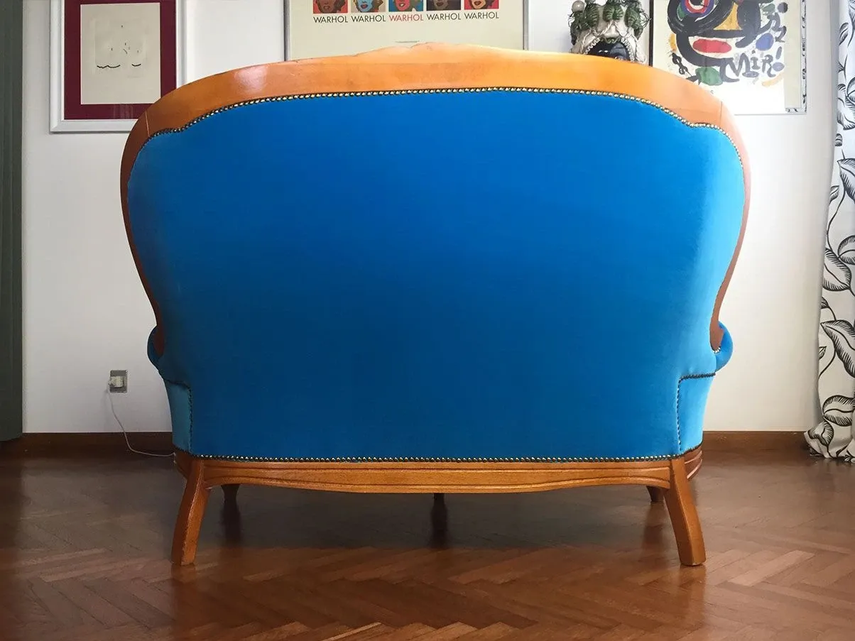 Divano vintage in stile Chippendale in velluto (azzurro) 2