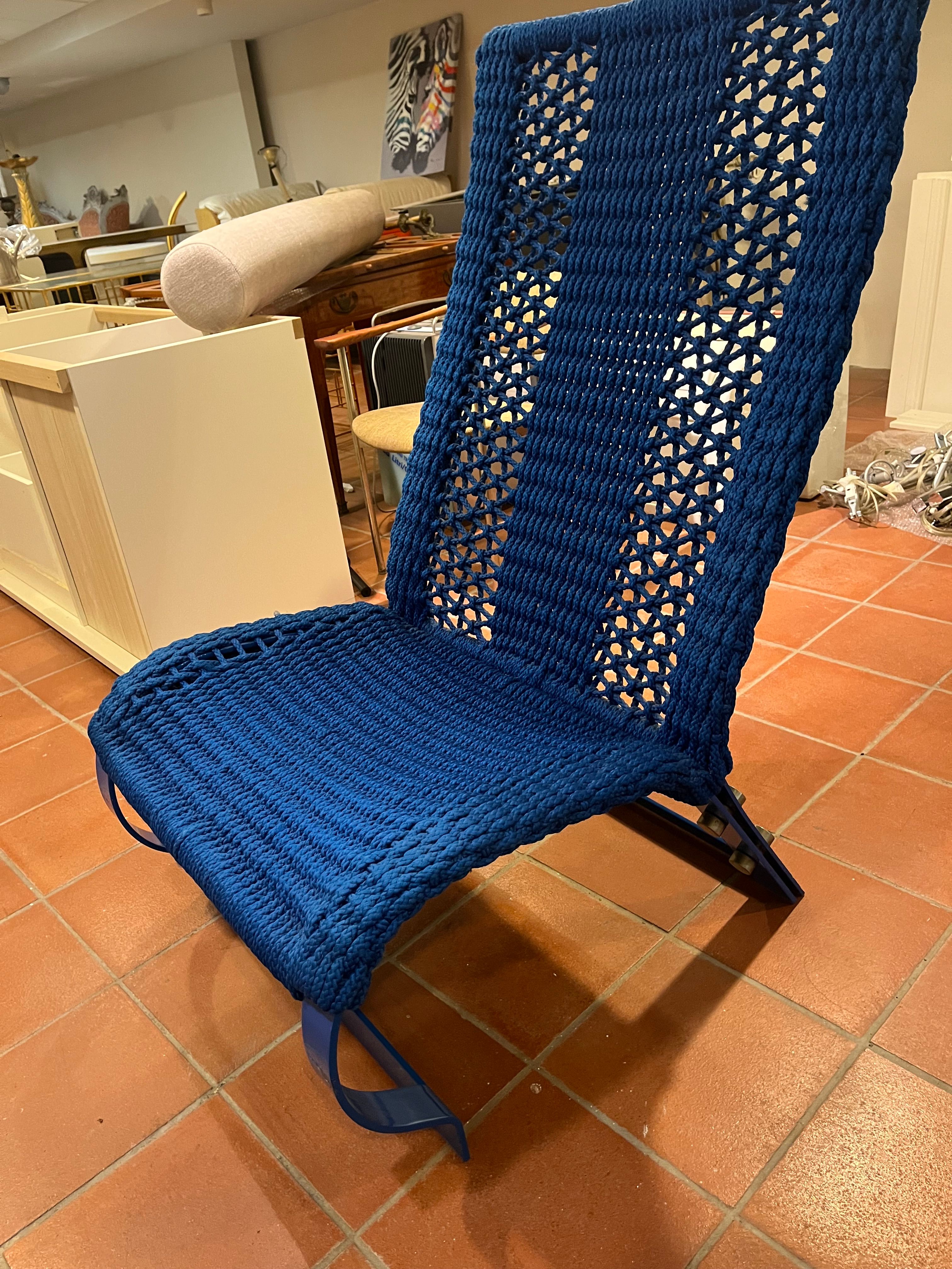 Chaise longue in metal and blue woven rope by Marzio Cecchi, Studio Most Front