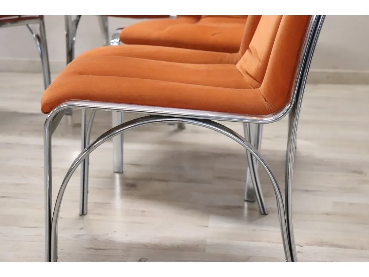 Set sedie vintage in metallo cromato e velluto arancione