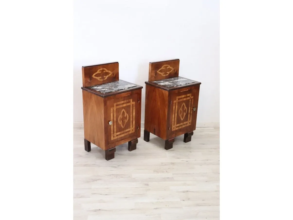 Set 2 comodini vintage in noce e marmo (anni '40) 1