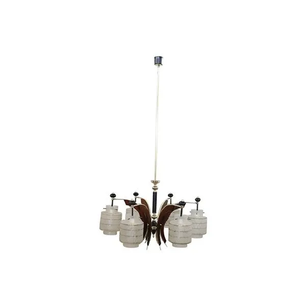 Vintage glass wood, brass and metal chandelier 1950, image