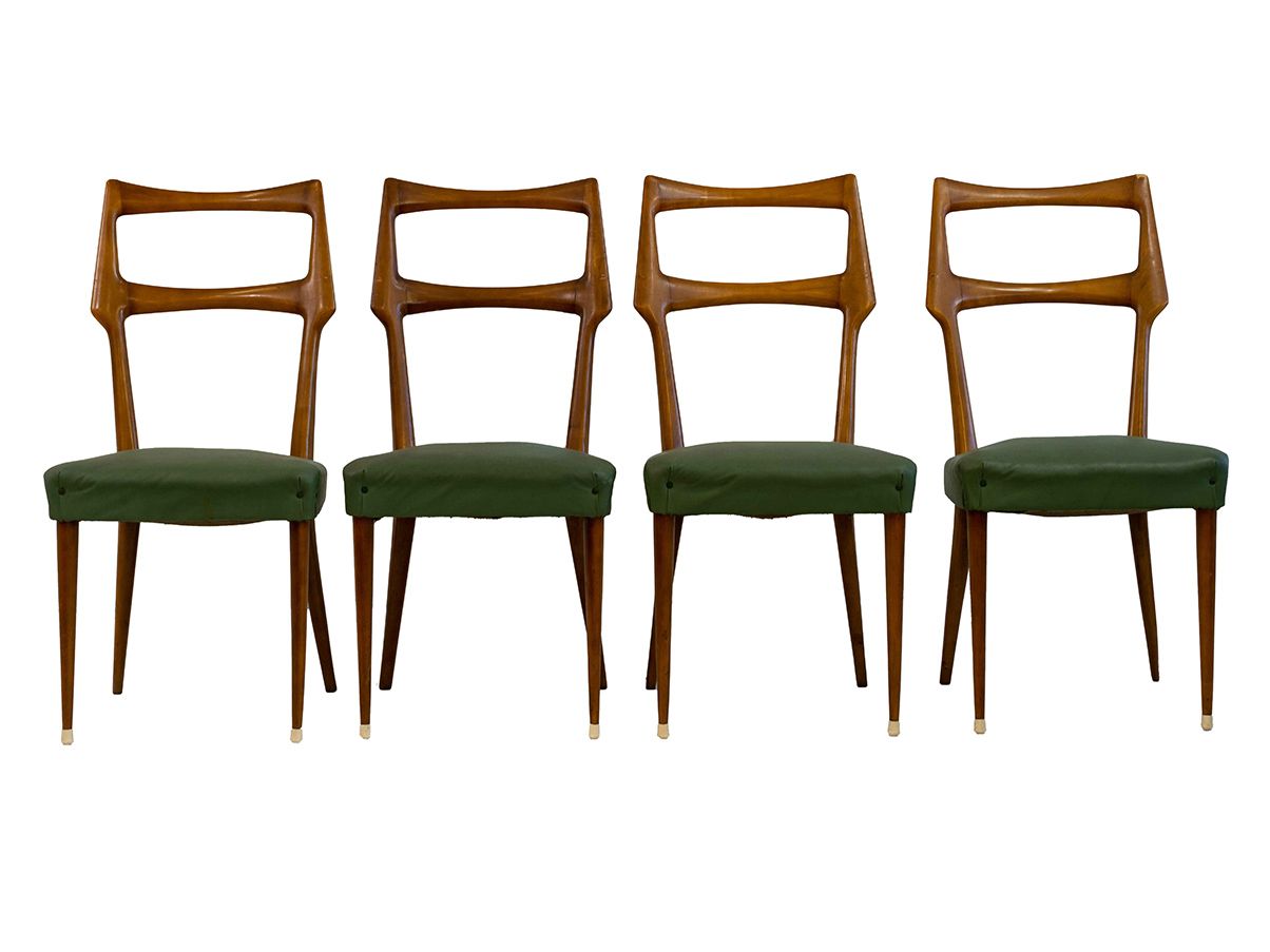 Set 4 sedie in pelle verde e legno vintage (anni '50)