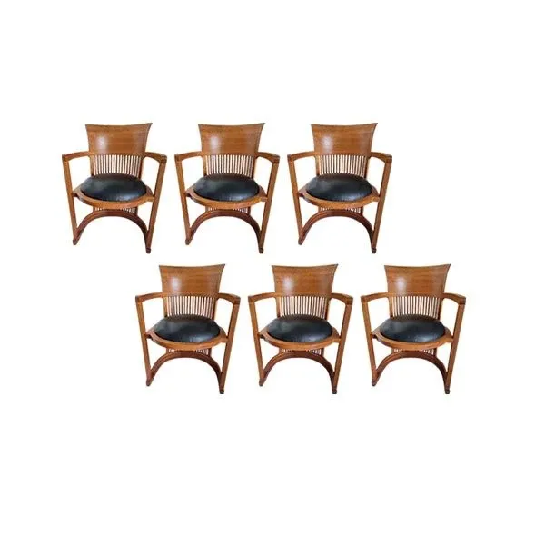 Set of 6 Barrel armchairs in wood and leather (black), Cassina 1
