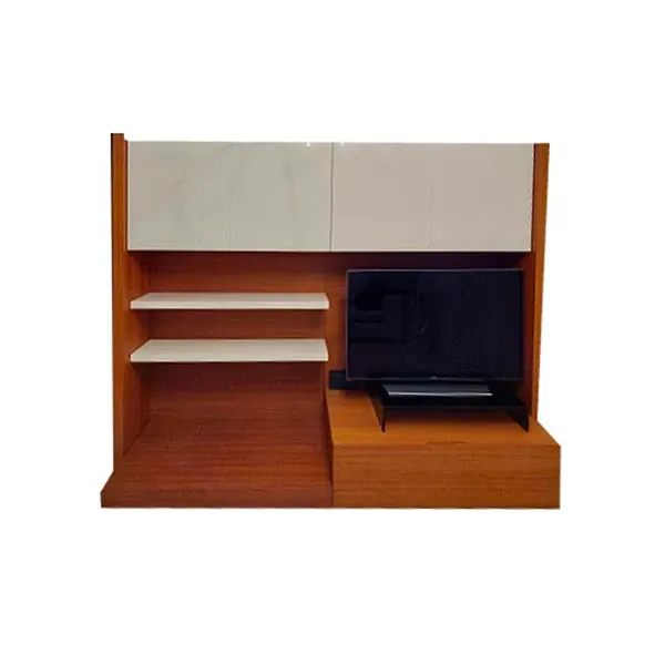 Wall system with wooden wall units and shelves, Poliform image
