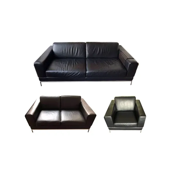 Set 2 sofas and 1 vintage armchair covered in leather (black) image