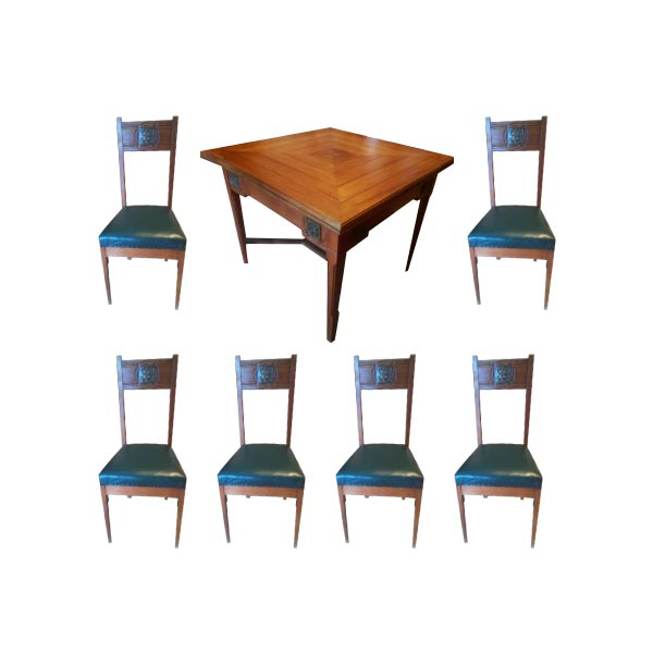 Extendable table and 6 chairs set in vintage leather (1950s), image