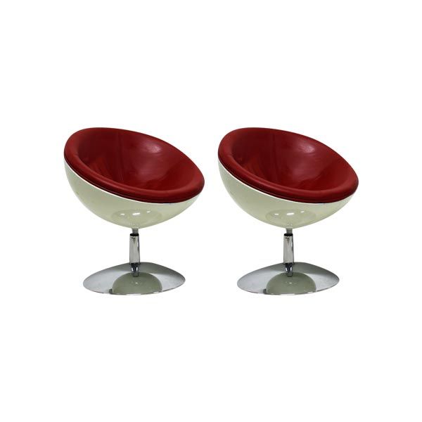 Set of 2 swivel chairs in steel and red leather, image