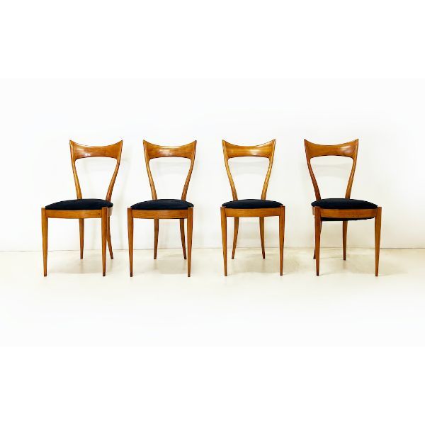 Set di 4 sedie Art Decò in legno di faggio e velluto blu (anni '50/'60), image