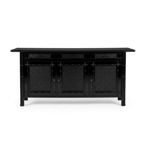 Solid Walnut Wood Sideboard in Glossy Black Lacquer (1980s) image