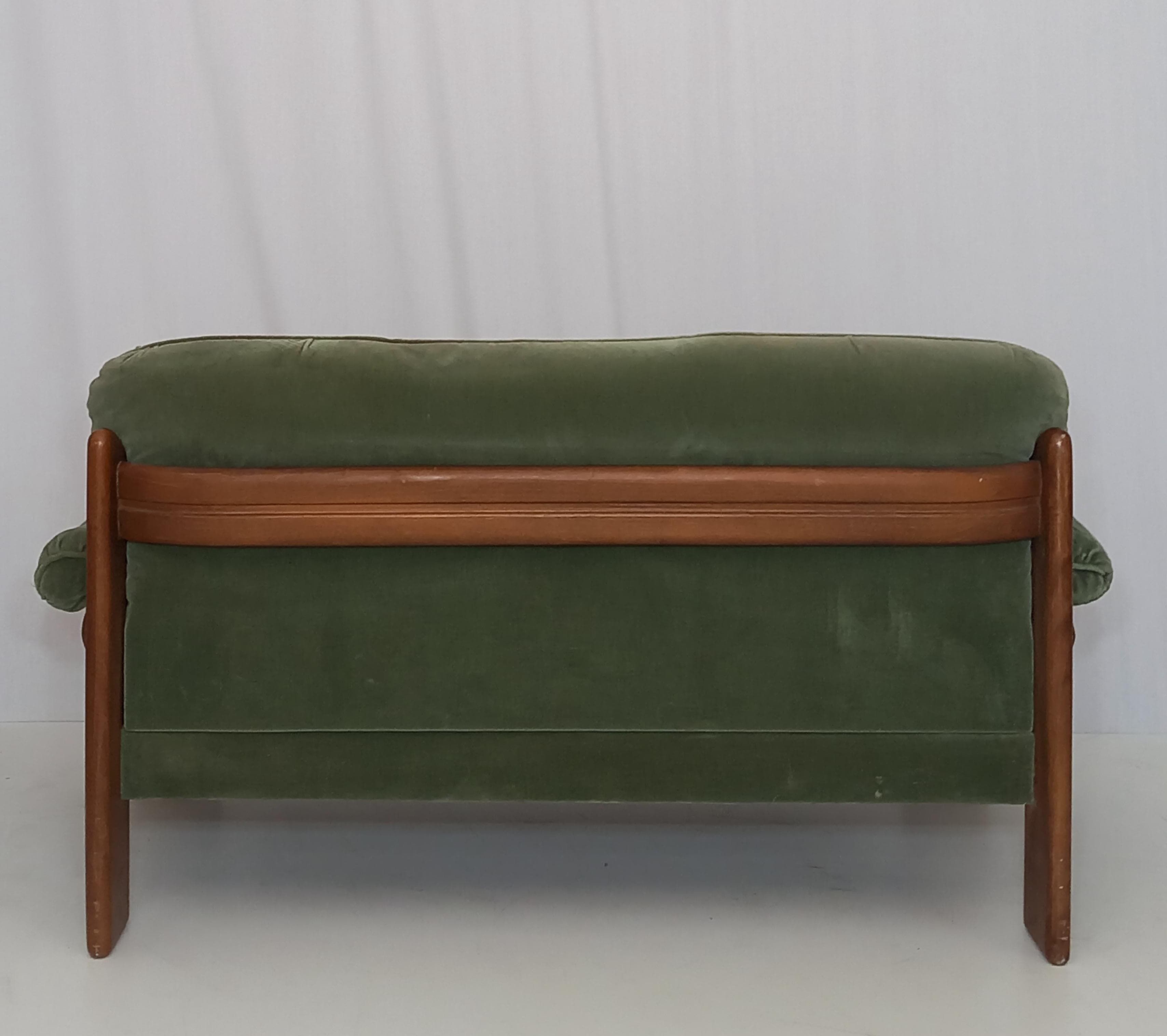 70er Retro Samt Sofa Set Grün: 2-Sitzer Couch und 2 Sessel Side