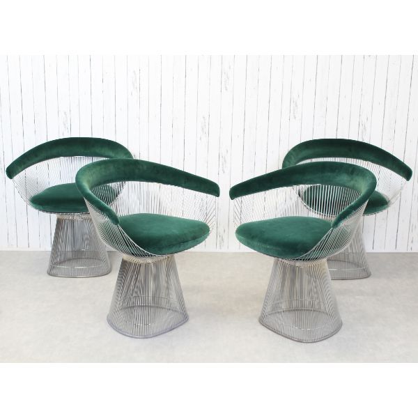 Set of 4 Warren Platner Steel Velvet Chairs, Knoll image