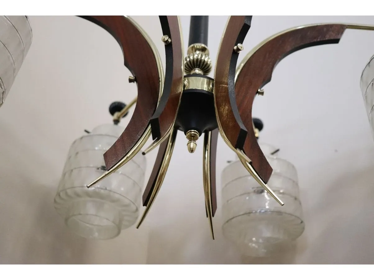 Lampadario in vetro, legno, ottone e metallo vintage (anni '50),  4