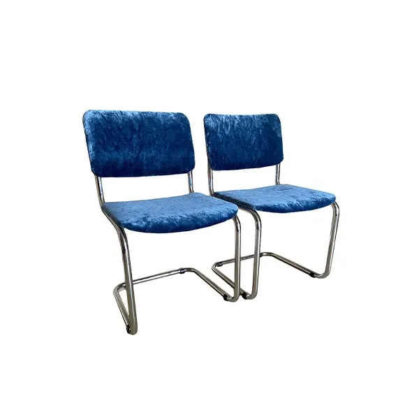 Image of Set 2 sedie vintage italiane in velluto blu e metallo (anni '70)