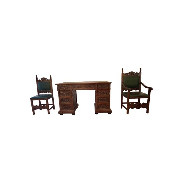 Set scrivania e 2 sedie vintage in pelle e legno di noce, image