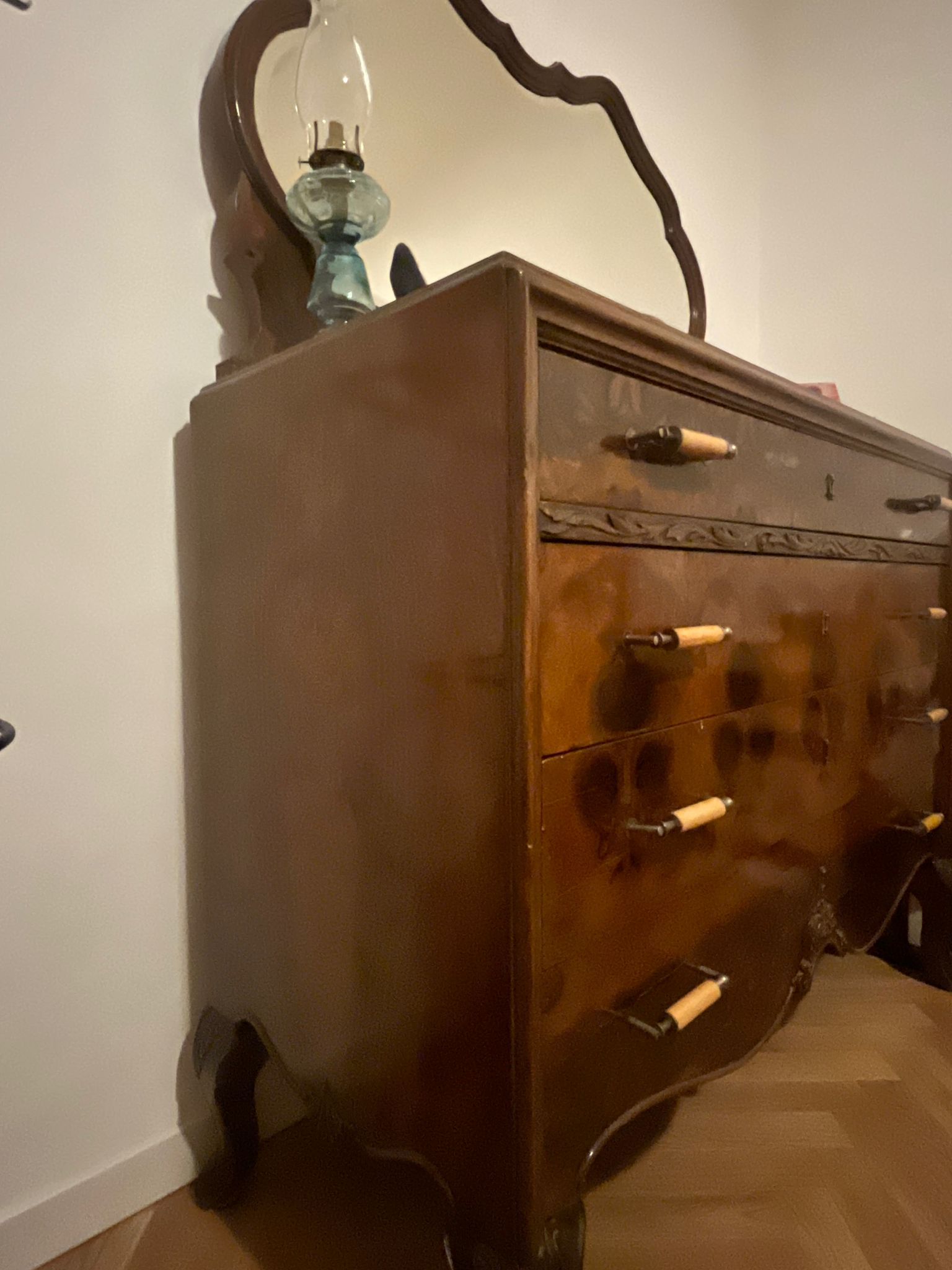 Walnut Burl and Marble Dresser (1930s) Side
