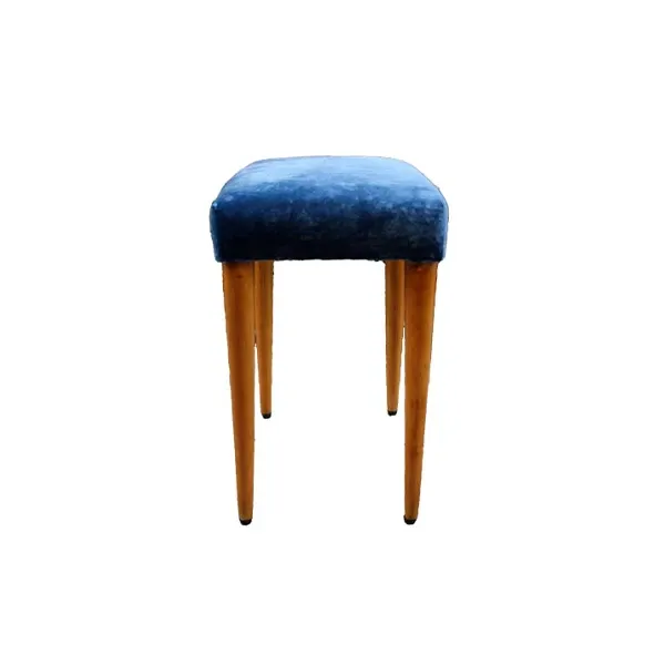 Pouf vintage in velluto blu con gambe in legno (anni '50) image