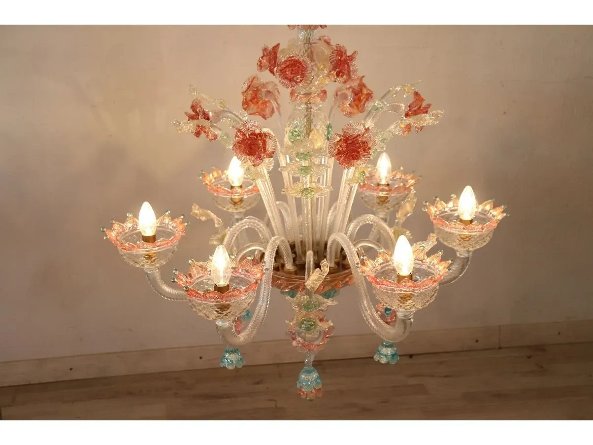 Vintage Murano colored glass chandelier with 6 lights (1980s) 1