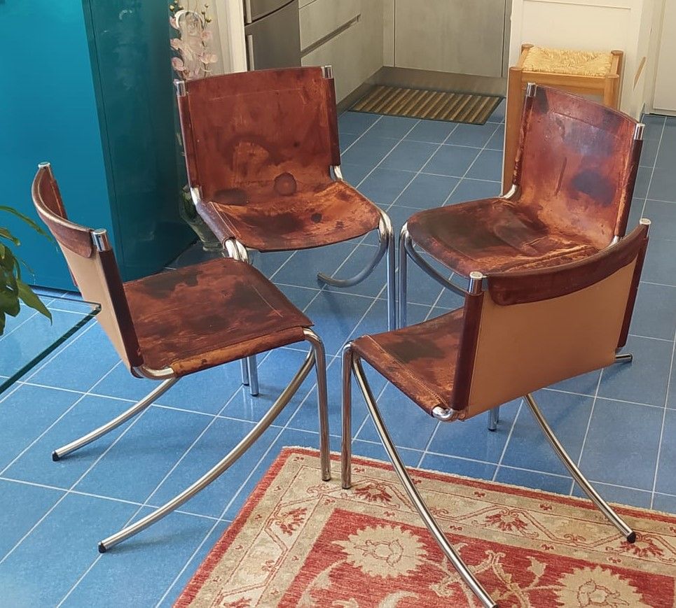 Set of 4 Vintage Leather Jot Chairs by Giotto Stoppino (1970s) Defects