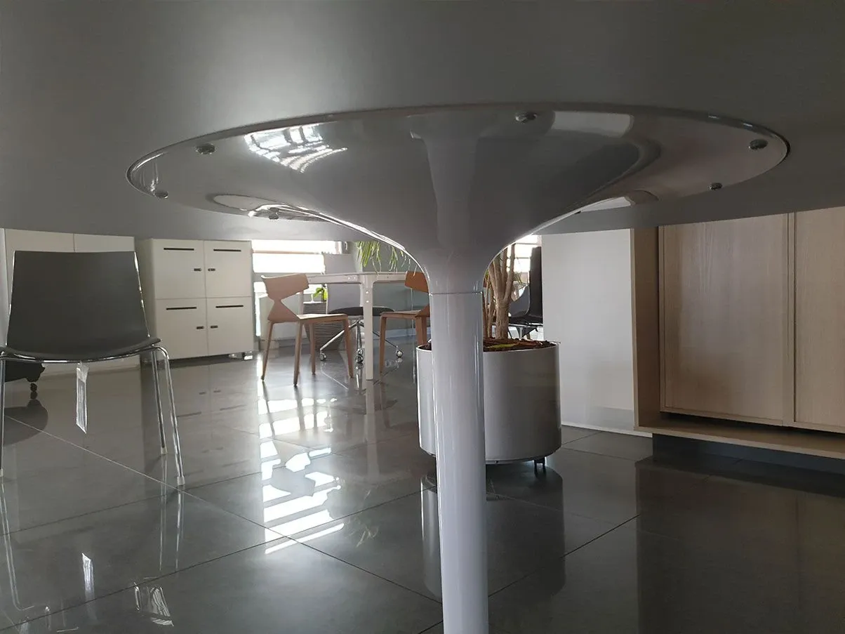 Eolo round table in aluminum and MDF wood (white), Arper 2