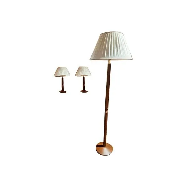 Set lampada da terra e 2 lampade da tavolo in legno e tessuto, 