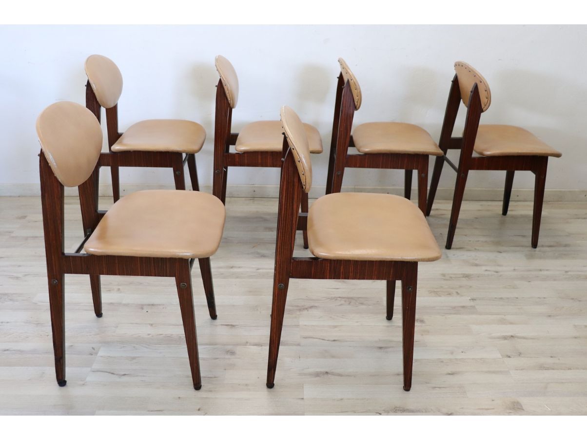 Set 6 sedie vintage in ecopelle e legno (anni '60)