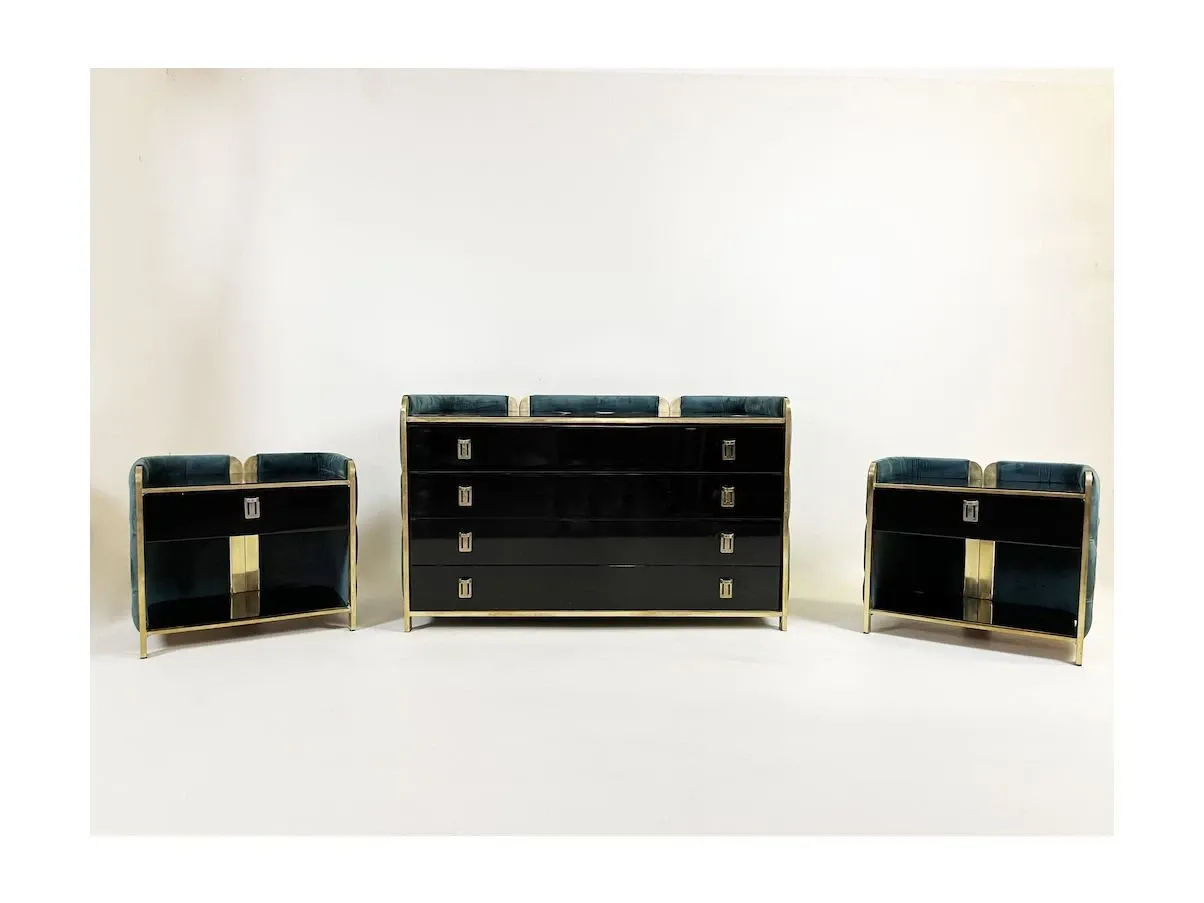 Set comò e comodini nero e ottanio (anni 70) 1