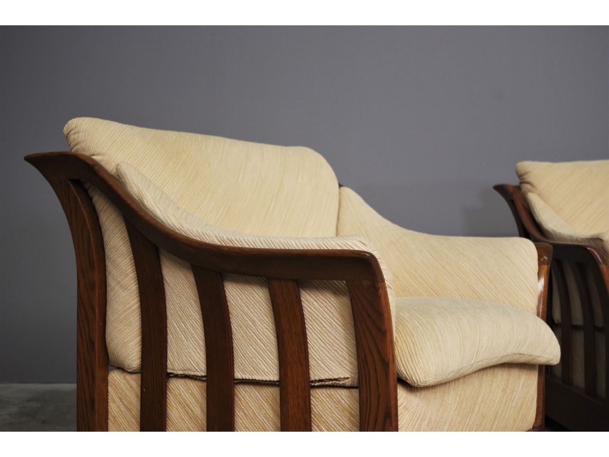 Sofa-Set 3-Sitzer und 2 Sessel aus Holz (70er Jahre) Details