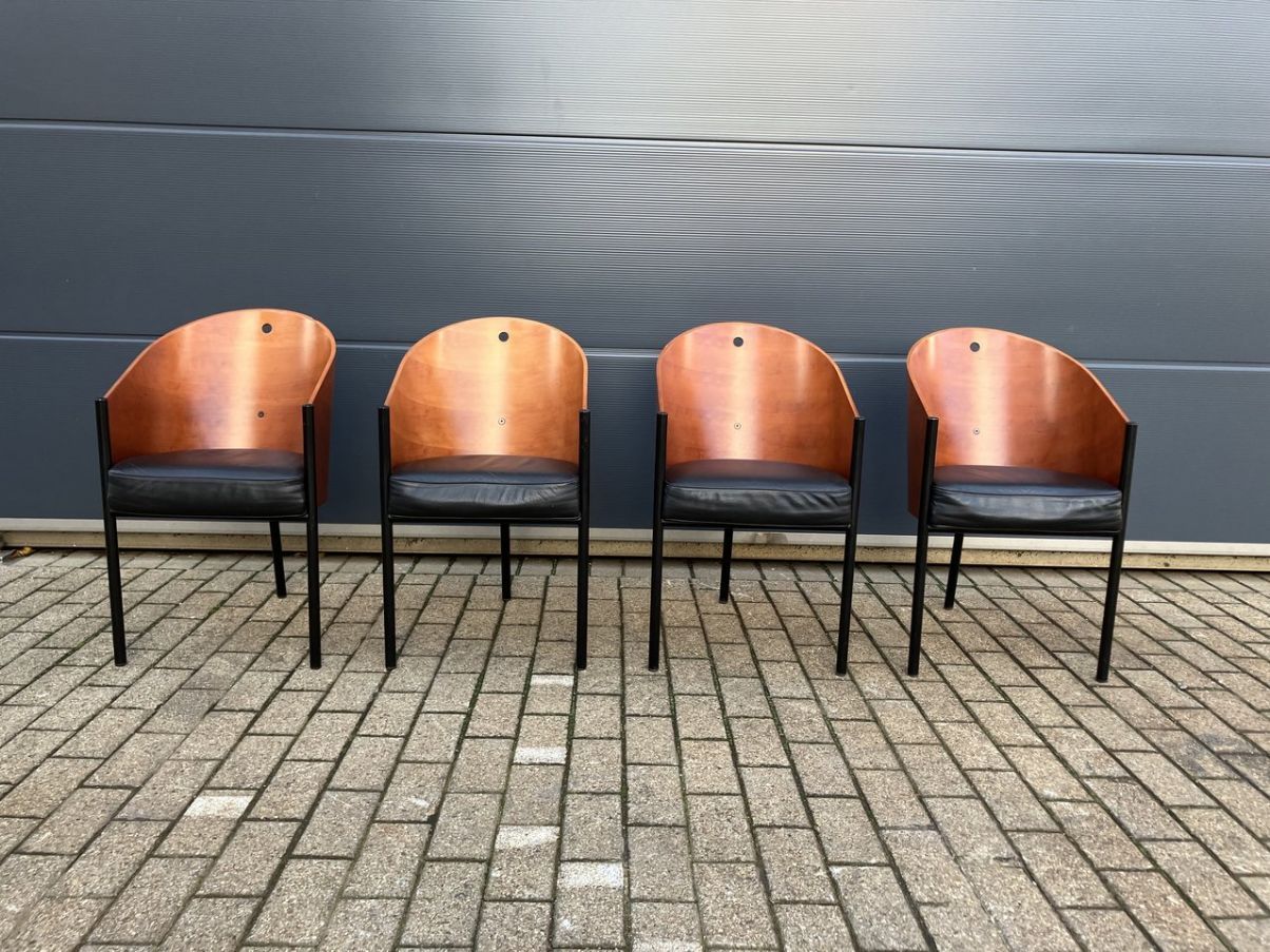 Set of 4 Costes chairs in black leather and vintage wood (1980s), Aleph image